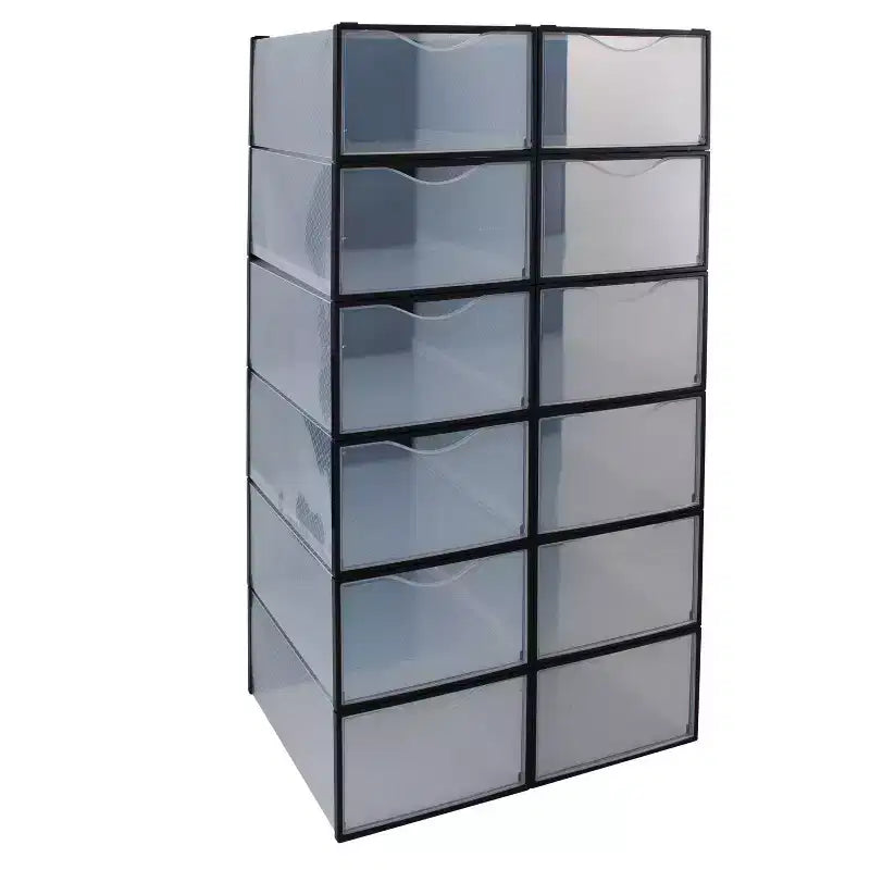 Simplify Set of 12 Drop Front Shoe Box Black: Plastic Storage Drawers for Shoe Storage, No Assembly Required