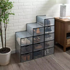 Set di 12 scatole portascarpe con apertura frontale semplificate, nere: cassetti in plastica per scarpe, nessun assemblaggio richiesto