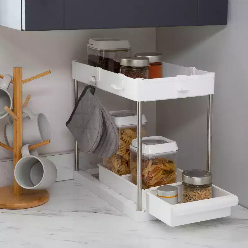 Organizer per Lavello a 2 Livelli Semplificato con Cassetto Bianco