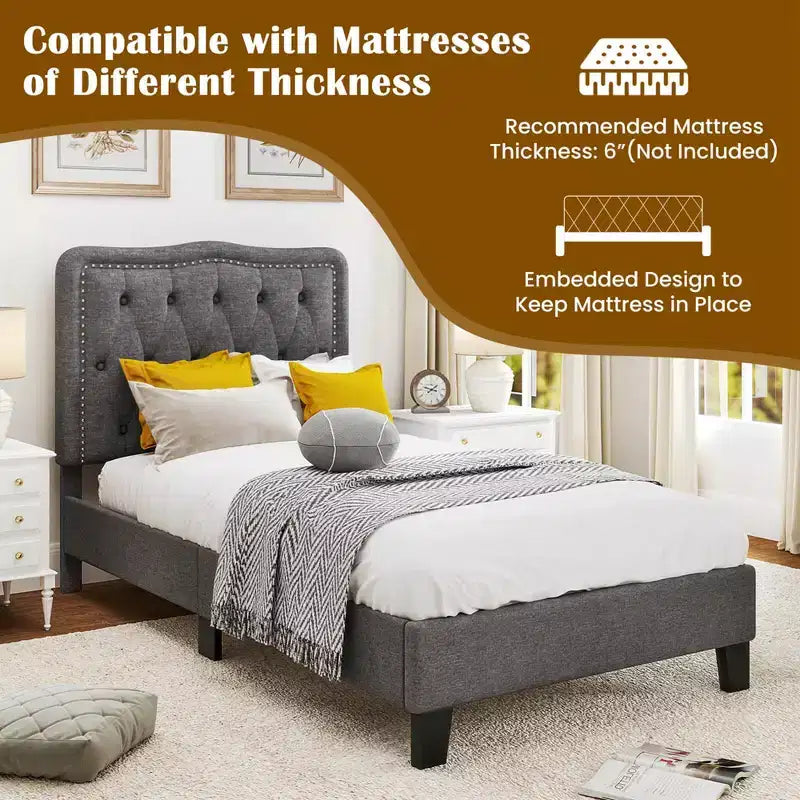 Struttura letto singola Costway con testiera imbottita a bottoni alta 117 cm e supporto a doghe in legno