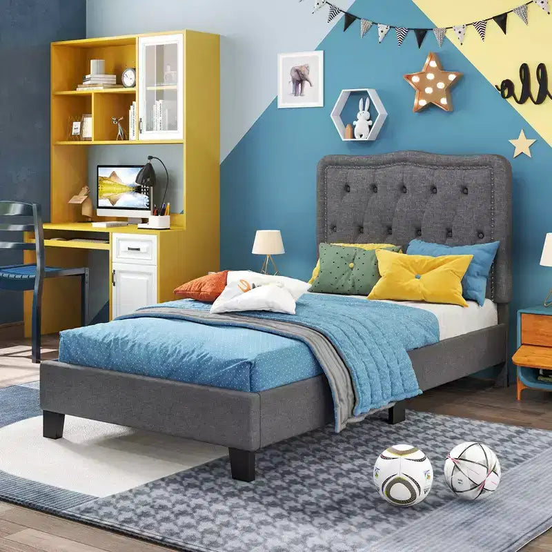 Struttura letto singola Costway con testiera imbottita a bottoni alta 117 cm e supporto a doghe in legno