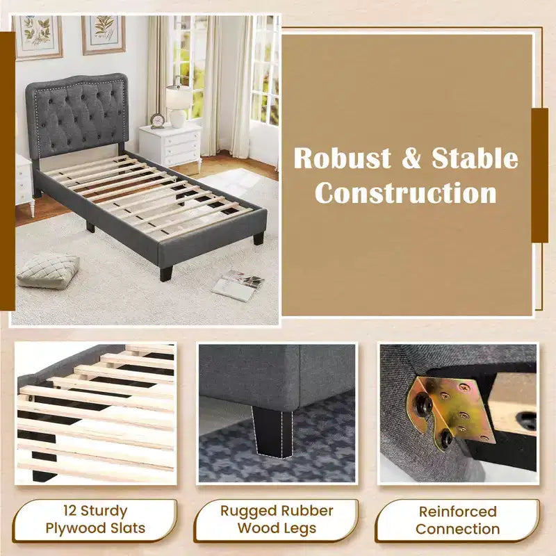 Struttura letto singola Costway con testiera imbottita a bottoni alta 117 cm e supporto a doghe in legno