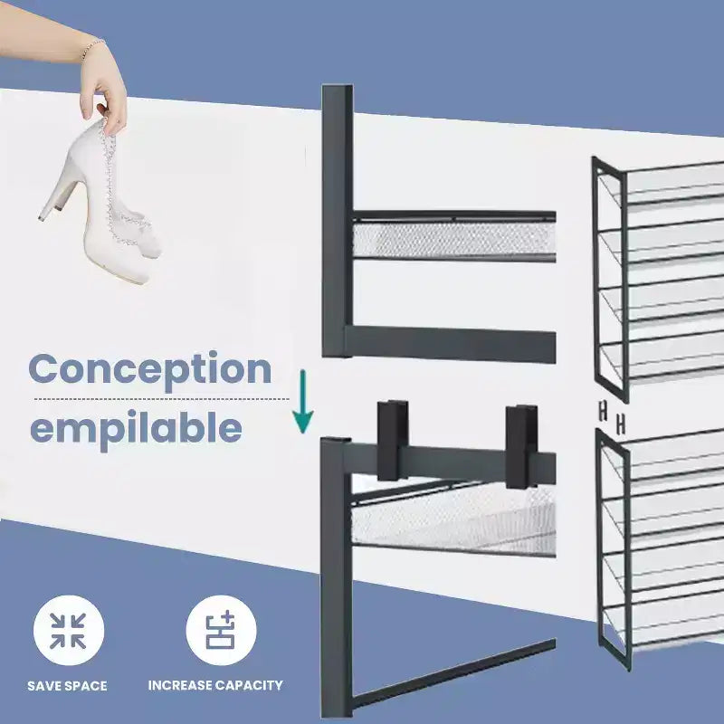 Scarpiera, Organizer per Scarpe a 8 Livelli, Contenitore per Scarpe in Metallo per Garage, Ingresso, Set di 2, Scaffale per Scarpe Impilabile a 4 Livelli