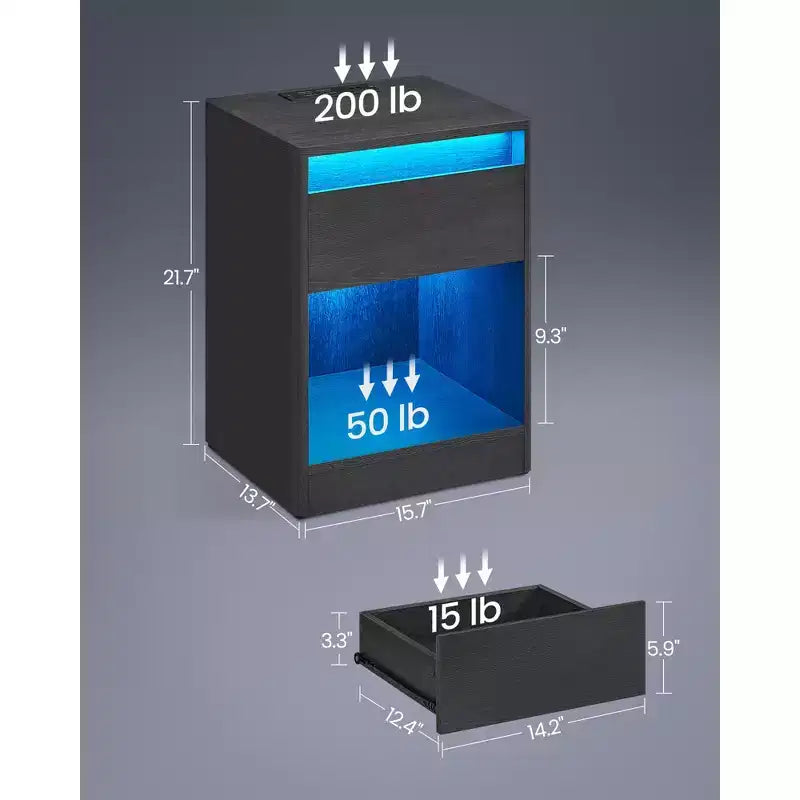 Comodino con Stazione di Ricarica, Comodino con Cassetto, Tavolino Laterale Moderno con Luci LED Regolabili