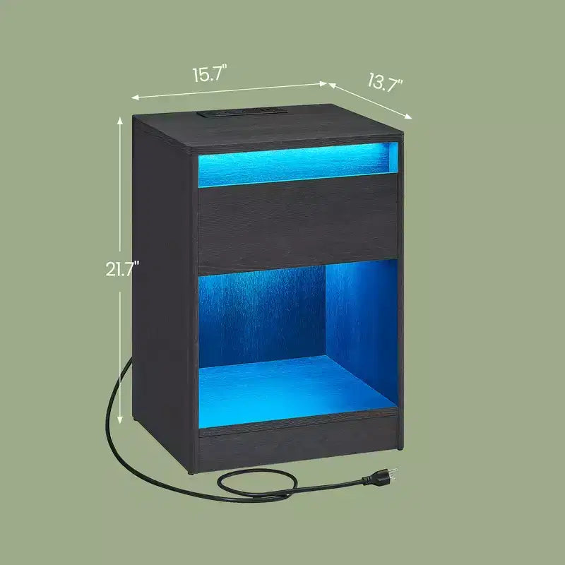 Comodino con Stazione di Ricarica, Comodino con Cassetto, Tavolino Laterale Moderno con Luci LED Regolabili