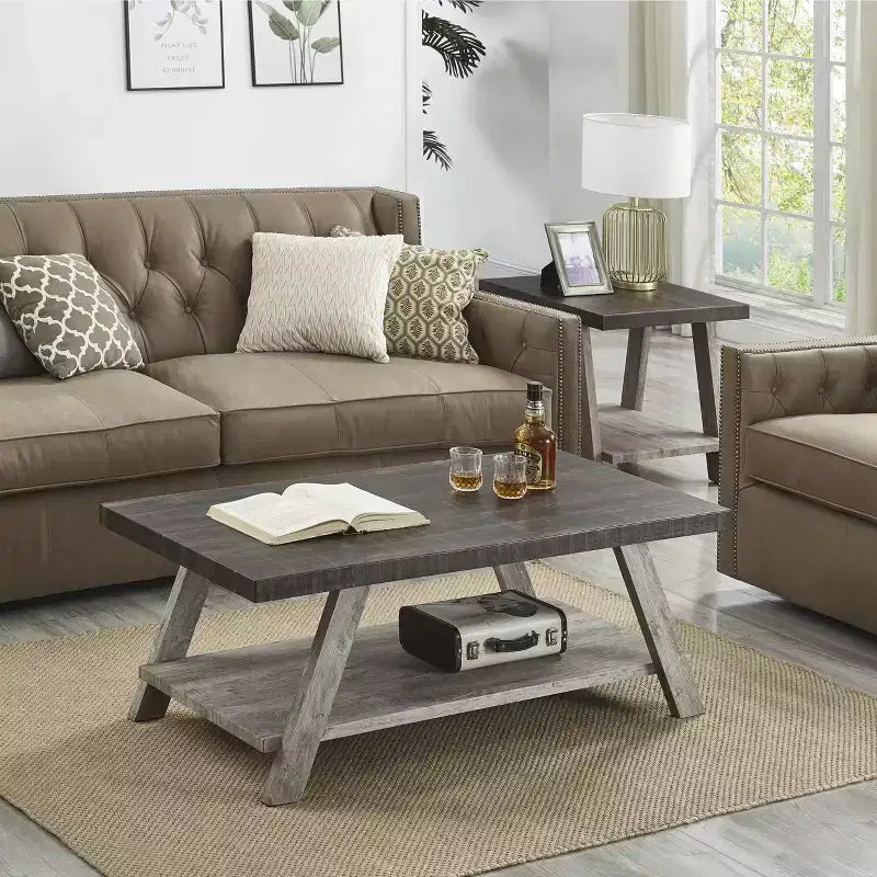 Set di tavolini da caffè a 3 ripiani Roundhill Furniture Athens Contemporary in legno, color noce anticato e grigio