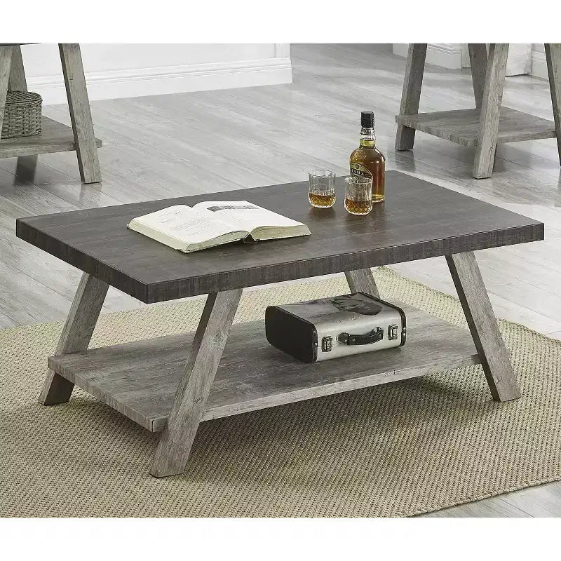 Set di tavolini da caffè a 3 ripiani Roundhill Furniture Athens Contemporary in legno, color noce anticato e grigio