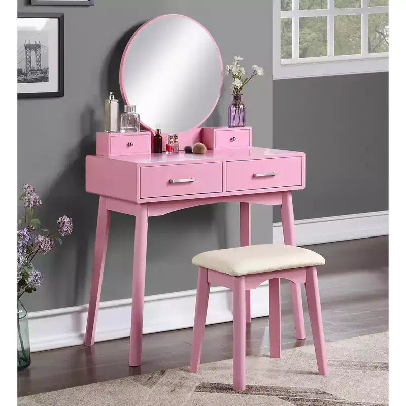 Set mobile bagno e sgabello Liannon in legno moderno, rosa