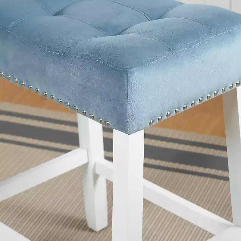 Roundhill Furniture Morovo, set di 2 sgabelli da bancone in velluto con seduta a sella trapuntata, finitura White-Wash, blu