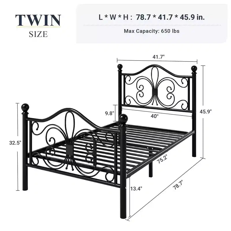 Struttura letto a piattaforma in metallo bianco con testiera a farfalla, matrimoniale/queen, 1 persona
