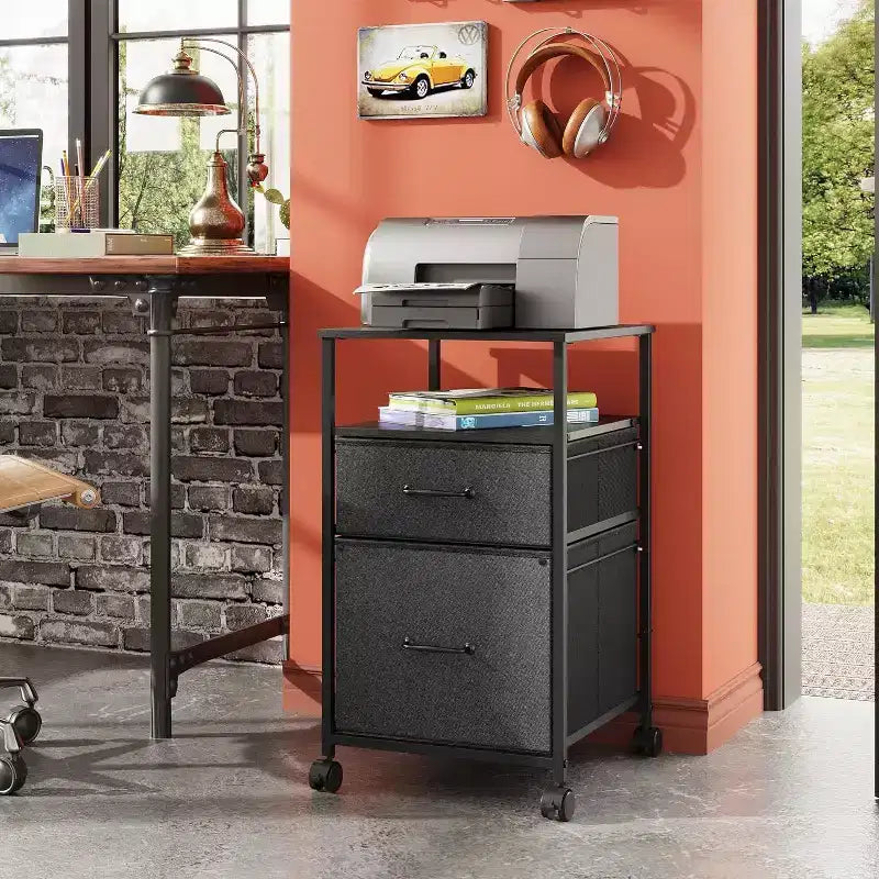 DEXYLLO Mobile File Cabinet, Rolling Printer Stand with Open Storage Shelf, Fabric Vertical Filing Cabinet fits A4 or Letter Size for Home Office