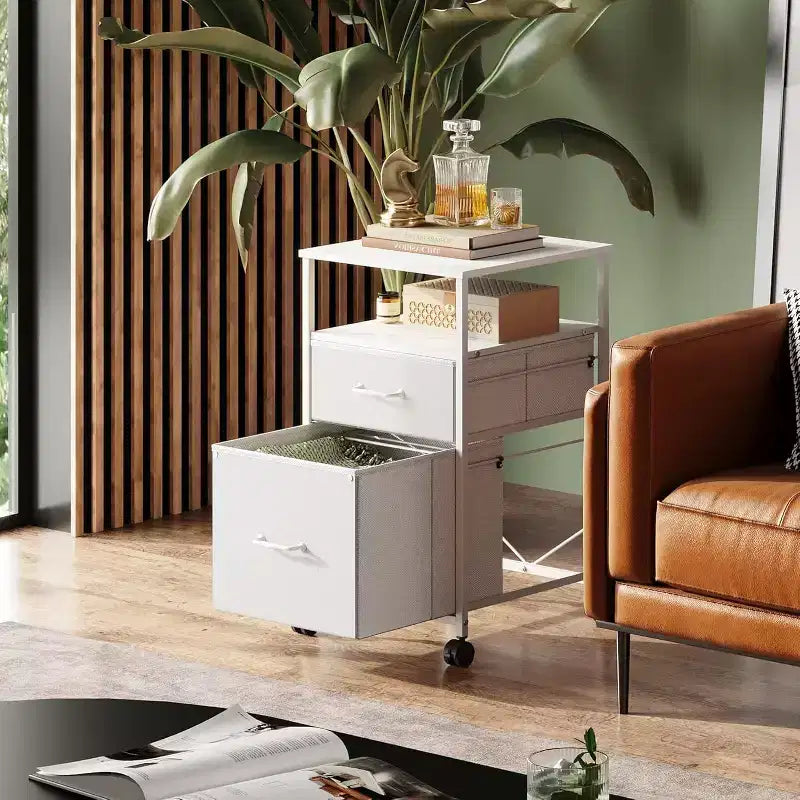 Mobiletto schedario DEXYLLO, porta stampante su ruote con ripiano aperto, schedario verticale in tessuto adatto per formato A4 o Letter per ufficio in casa