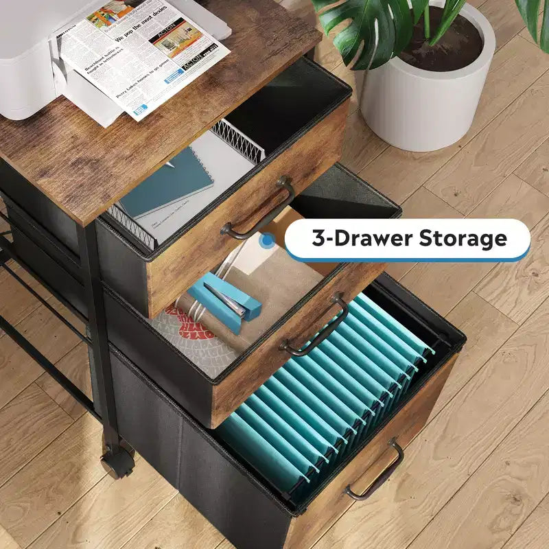DEXYLLO Cassettiera Archivio a 3 Cassetti, Mobile con Ruote per Stampante, Schedario Verticale in Tessuto per Ufficio Casa, Adatto per Fogli A4 o Formato Letter