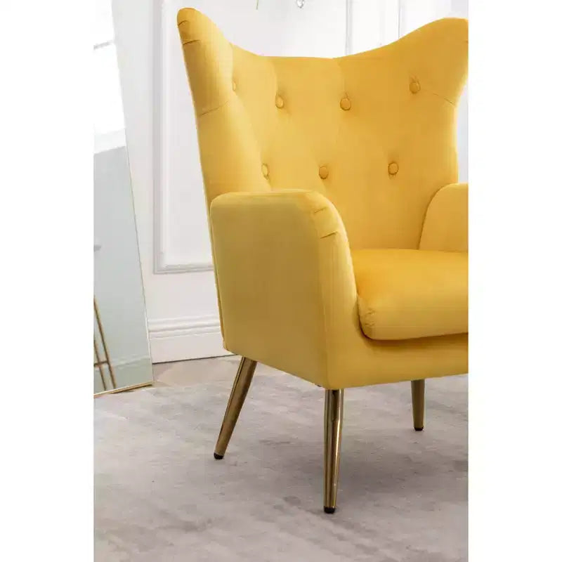 Poltrona a pozzetto in velluto con bottoni capitonné Roundhill Furniture Sovarol, Gialla