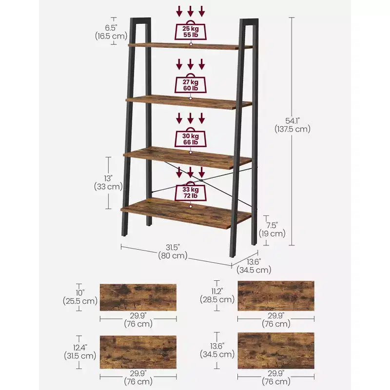 Scaffale a Scala, Libreria a 4 Ripiani, Scaffale Contenitore, Libreria con Struttura in Acciaio, per Soggiorno, Ufficio, Cucina, Camera da Letto, Stile Industriale