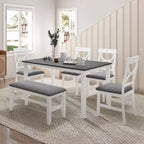 Whisen Farmhouse 6-Piece Wood Dining Table Set with Upholstered Bench and 4 Dining Chairs - Gray+White