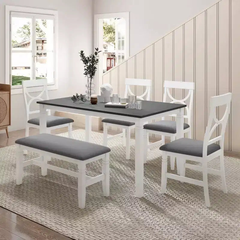 Whisen Farmhouse 6-Piece Wood Dining Table Set with Upholstered Bench and 4 Dining Chairs - Gray+White