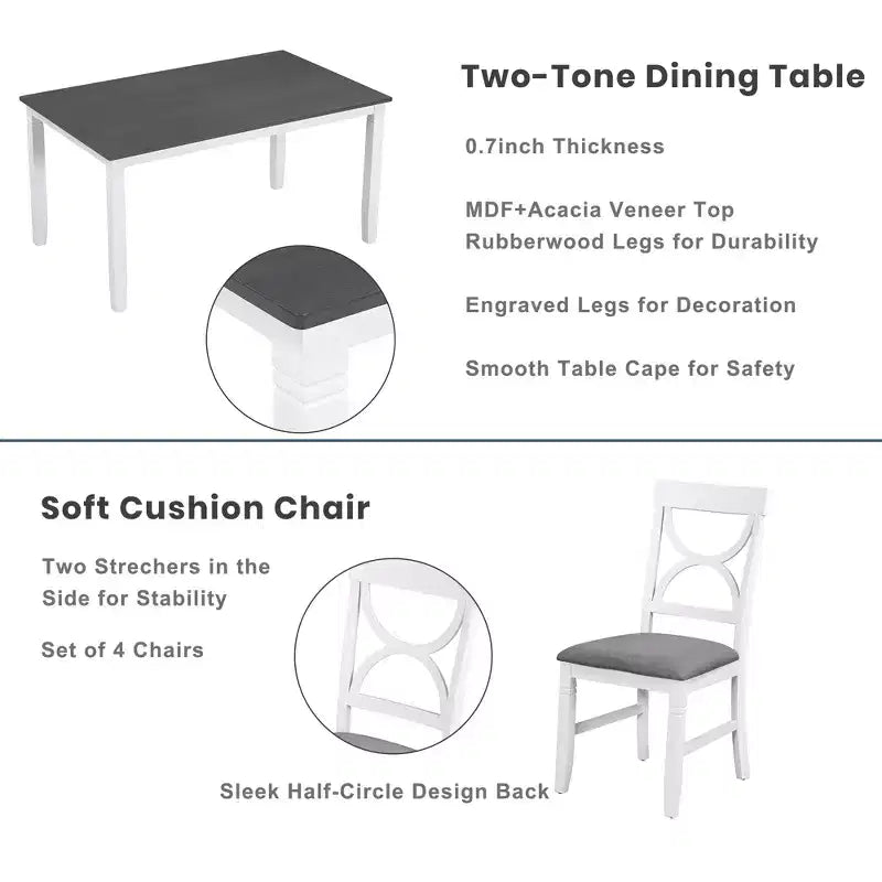 Set da pranzo in legno Whisen Farmhouse da 6 pezzi con panca imbottita e 4 sedie - Grigio+Bianco