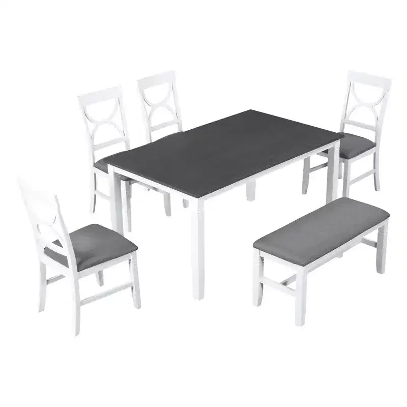 Set da pranzo in legno Whisen Farmhouse da 6 pezzi con panca imbottita e 4 sedie - Grigio+Bianco