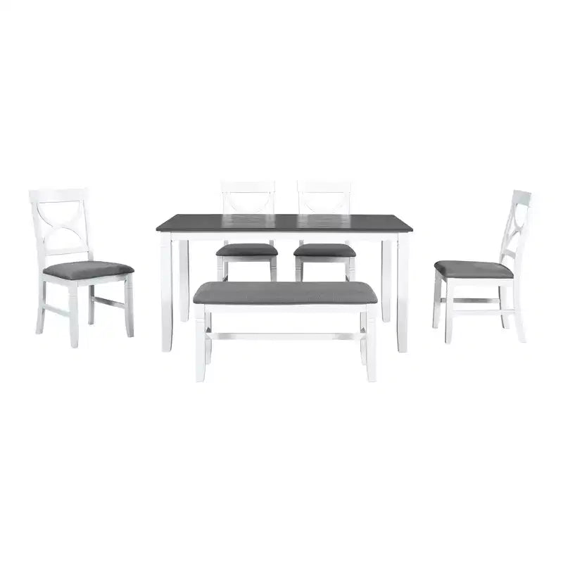 Set da pranzo in legno Whisen Farmhouse da 6 pezzi con panca imbottita e 4 sedie - Grigio+Bianco