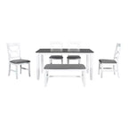 Set da pranzo in legno Whisen Farmhouse da 6 pezzi con panca imbottita e 4 sedie - Grigio+Bianco