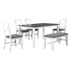 Set da pranzo in legno Whisen Farmhouse da 6 pezzi con panca imbottita e 4 sedie - Grigio+Bianco