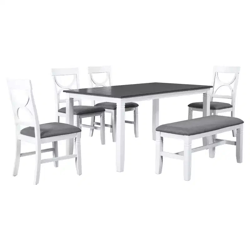 Set da pranzo in legno Whisen Farmhouse da 6 pezzi con panca imbottita e 4 sedie - Grigio+Bianco