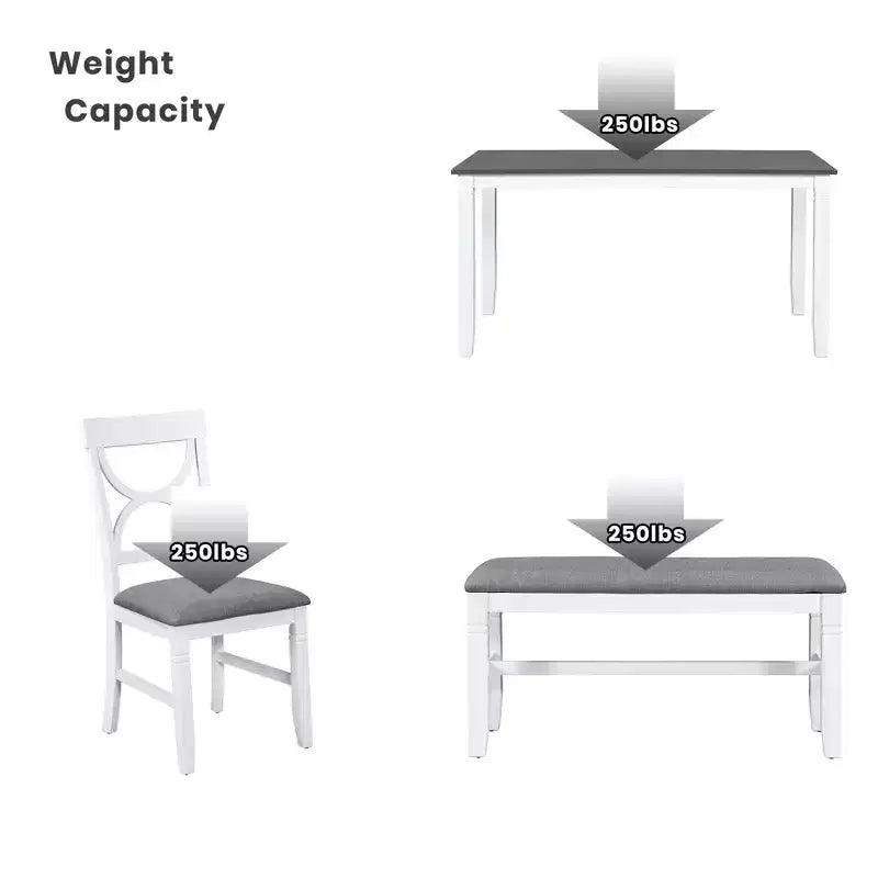 Set da pranzo in legno Whisen Farmhouse da 6 pezzi con panca imbottita e 4 sedie - Grigio+Bianco