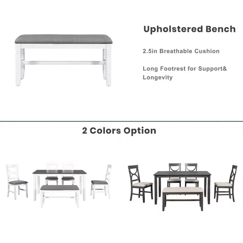 Set da pranzo in legno Whisen Farmhouse da 6 pezzi con panca imbottita e 4 sedie - Grigio+Bianco