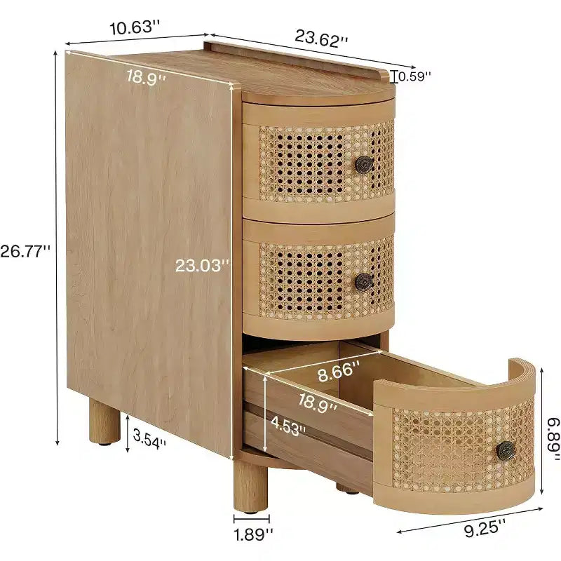 Tavolino Lantine in legno massello con 3 cassetti in rattan e raffinate maniglie a sbalzo, nessun montaggio richiesto