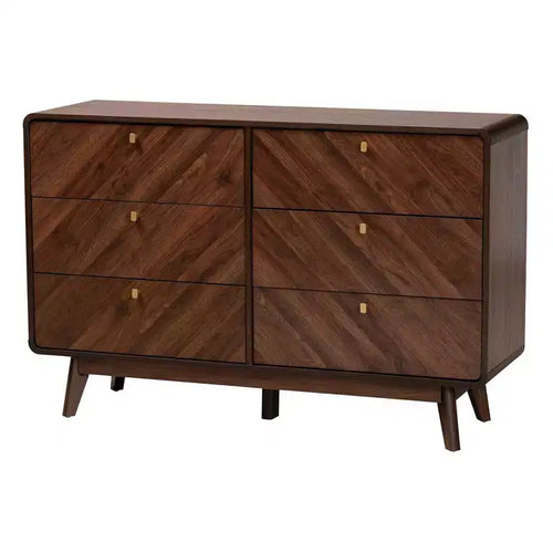 Cassettiera Baxton Studio Markell Wood a 6 cassetti Noce Marrone/Oro: Mobile Contenitore Moderno, Maniglie in Metallo