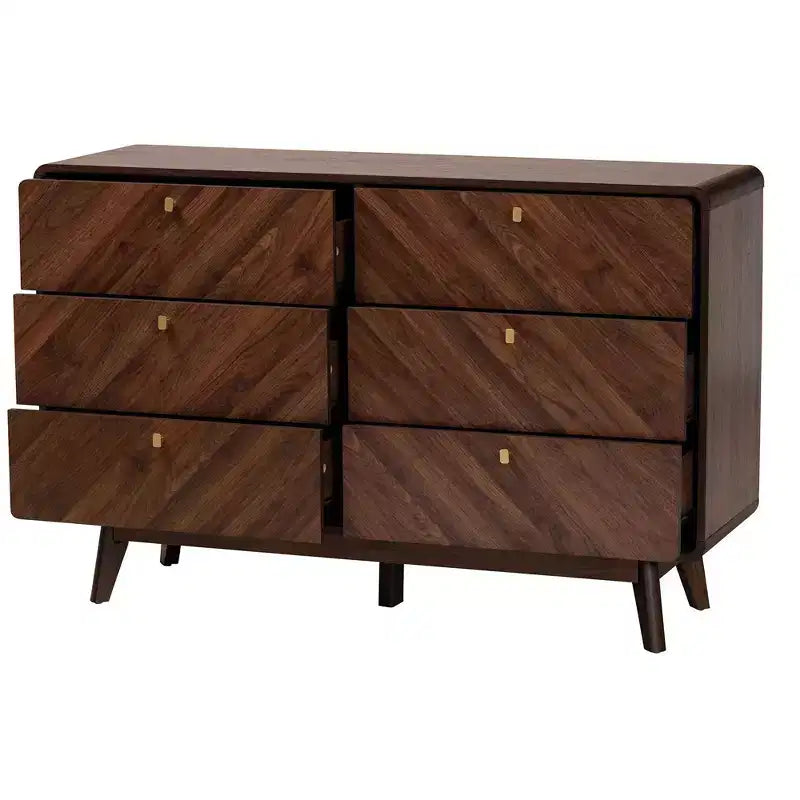 Cassettiera Baxton Studio Markell Wood a 6 cassetti Noce Marrone/Oro: Mobile Contenitore Moderno, Maniglie in Metallo