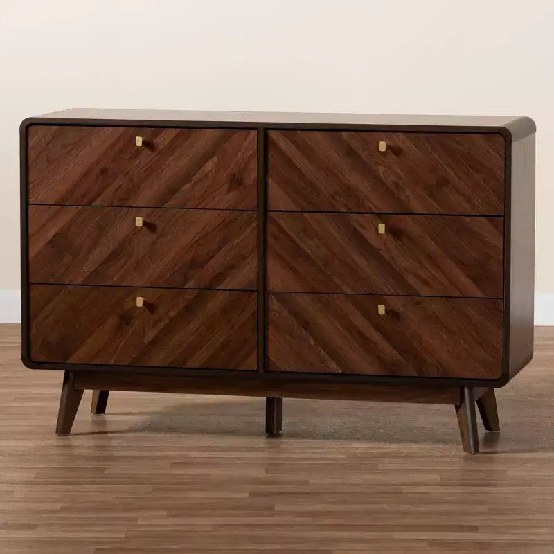 Cassettiera Baxton Studio Markell Wood a 6 cassetti Noce Marrone/Oro: Mobile Contenitore Moderno, Maniglie in Metallo