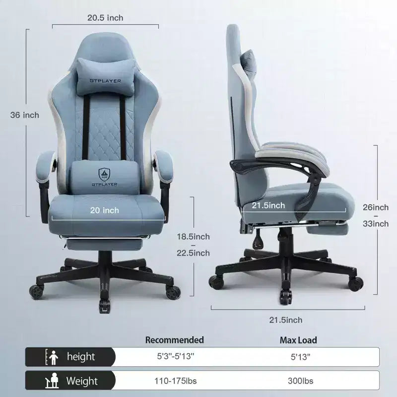 GTPLAYER Sedia Gaming Tessuto Sedia Ufficio con Braccioli a Collegamento Sedia Computer Azzurro