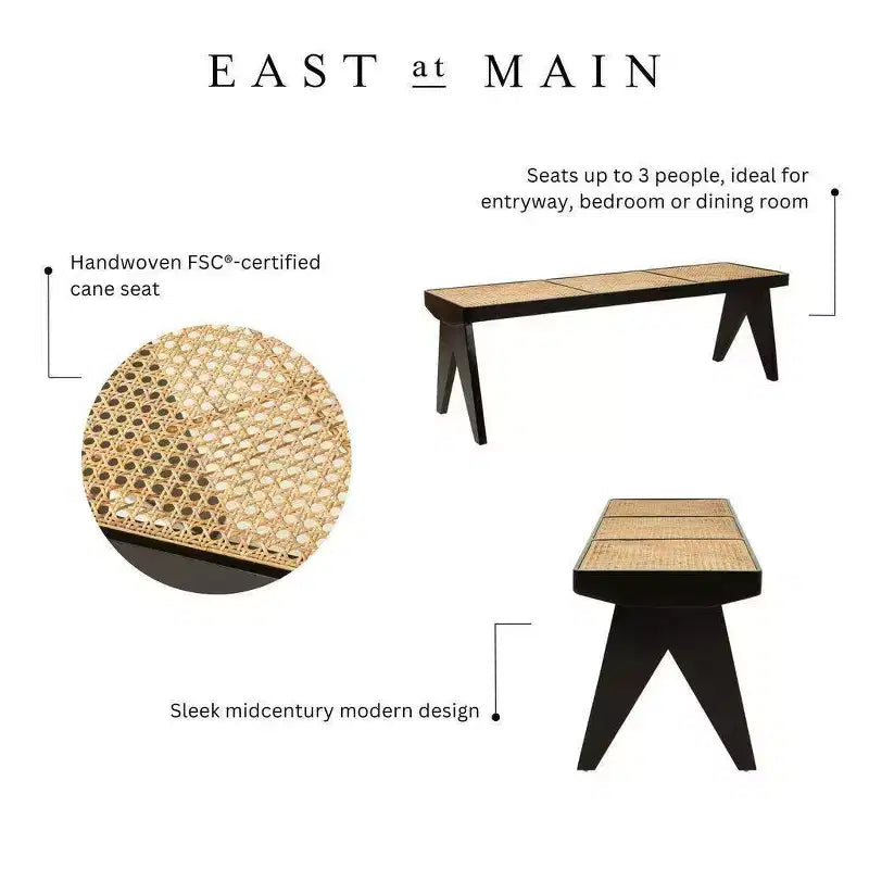 East at Main Panca Franco Nera da 55": Rattan Intrecciato a Mano, Base in Legno di Mango, Forma Rettangolare, Non Imbottita