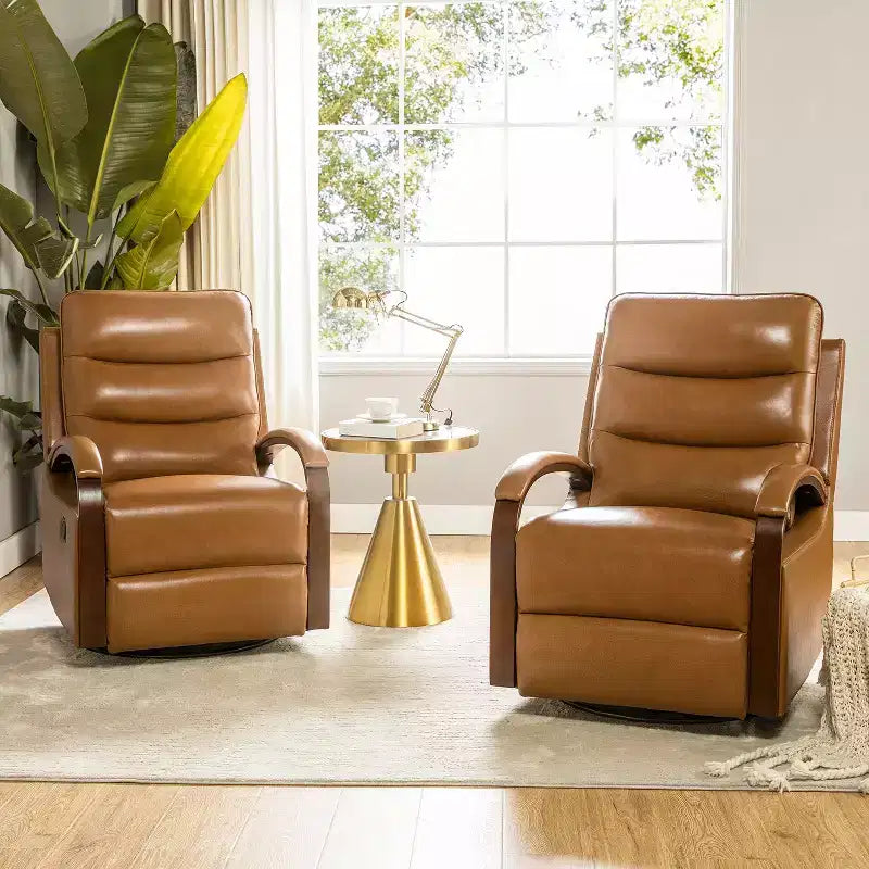 Poltrona reclinabile manuale girevole e a dondolo Clemens in vera pelle con braccioli decorativi curvi, set da 2 | ART OF LIVING DESIGNS