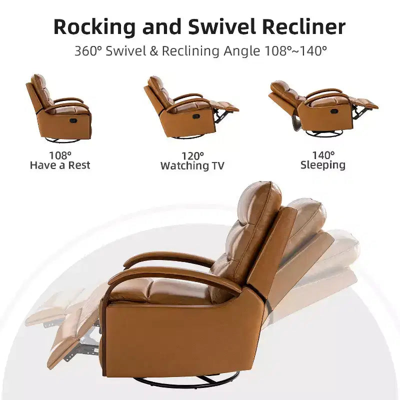 Poltrona reclinabile manuale girevole e a dondolo Clemens in vera pelle con braccioli decorativi curvi, set da 2 | ART OF LIVING DESIGNS