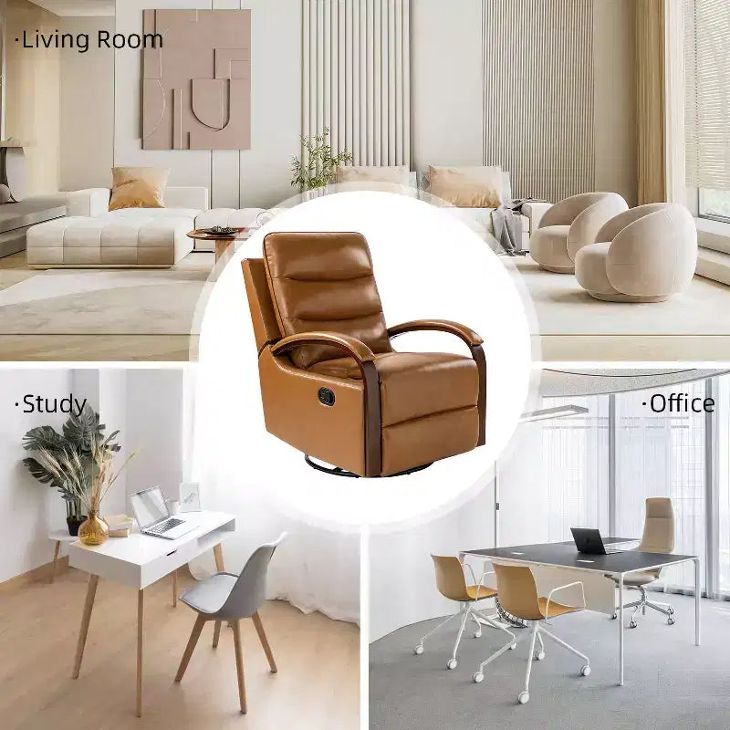 Poltrona reclinabile manuale girevole e a dondolo Clemens in vera pelle con braccioli decorativi curvi, set da 2 | ART OF LIVING DESIGNS
