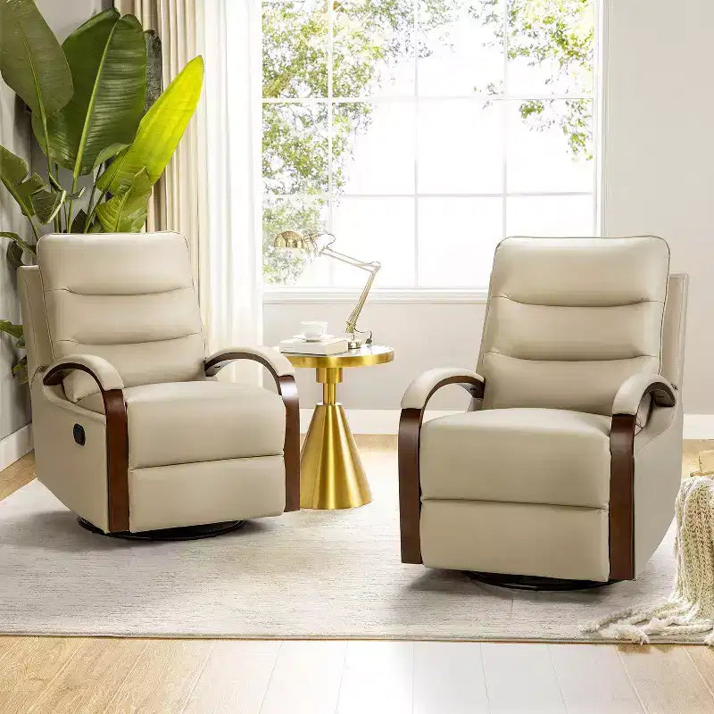 Poltrona reclinabile manuale girevole e a dondolo Clemens in vera pelle con braccioli decorativi curvi, set da 2 | ART OF LIVING DESIGNS