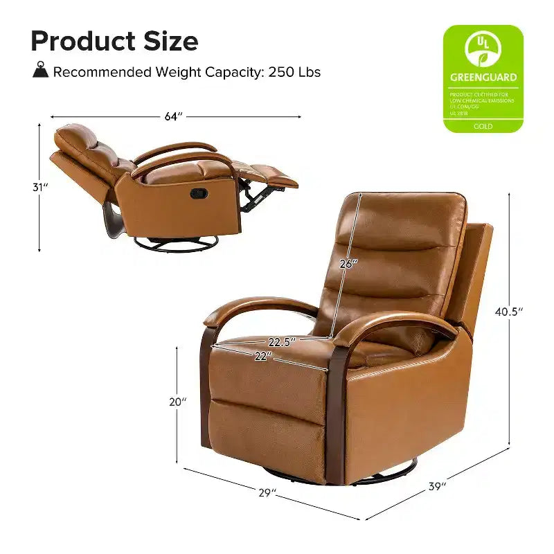 Poltrona reclinabile manuale girevole e a dondolo Clemens in vera pelle con braccioli decorativi curvi, set da 2 | ART OF LIVING DESIGNS