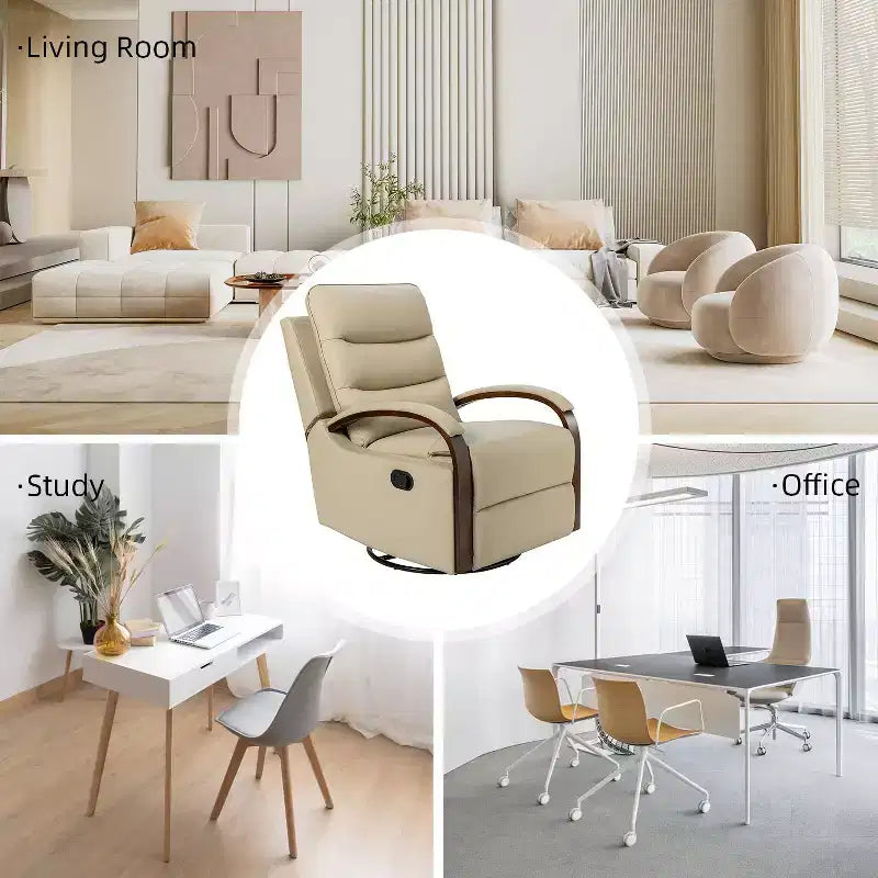 Poltrona reclinabile manuale girevole e a dondolo Clemens in vera pelle con braccioli decorativi curvi, set da 2 | ART OF LIVING DESIGNS