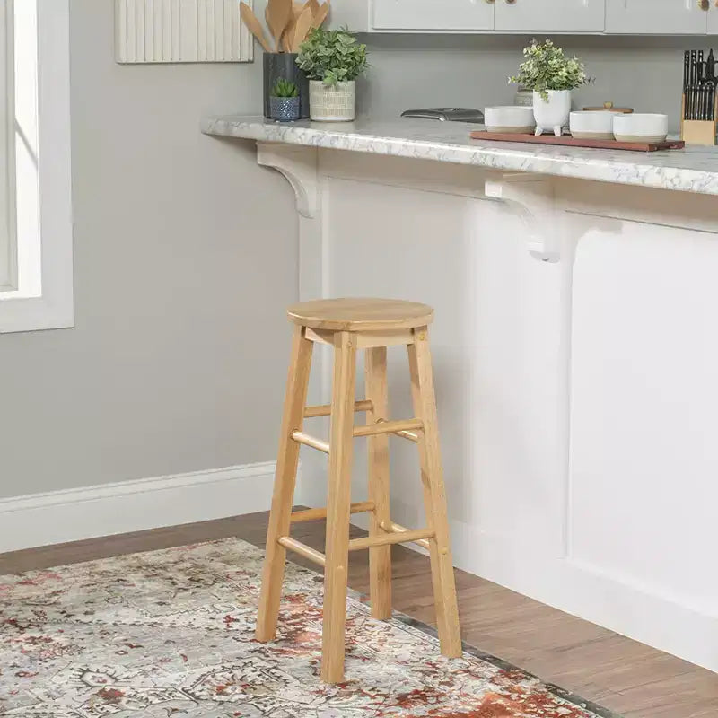 Sgabelli da cucina alti 29" PJ Wood Classic con sedile rotondo per case, sale da pranzo e bar, senza schienale e con 4 gambe quadre, naturale (set da 8)