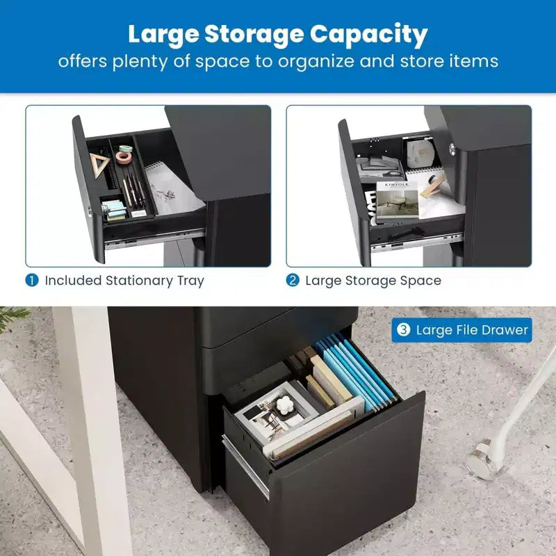 Mount-It! Cassettiera Portadocumenti Mobile con 3 Cassetti e Serratura | Design Sottile per Archiviazione e Organizzazione Sotto la Scrivania per Documenti, Cartelle e Forniture per Ufficio | Nero
