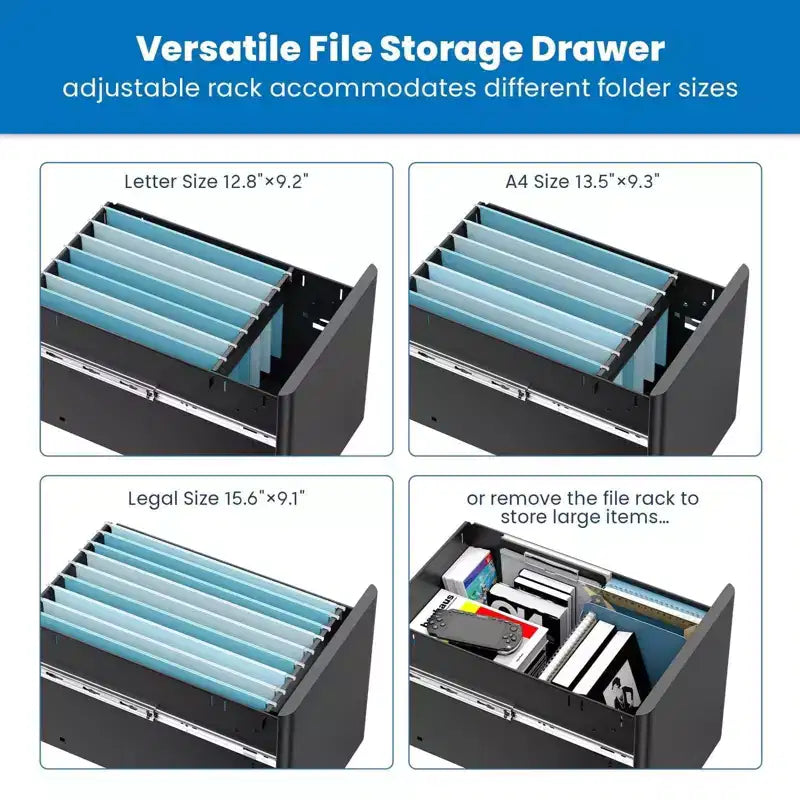 Mount-It! Cassettiera Portadocumenti Mobile con 3 Cassetti e Serratura | Design Sottile per Archiviazione e Organizzazione Sotto la Scrivania per Documenti, Cartelle e Forniture per Ufficio | Nero