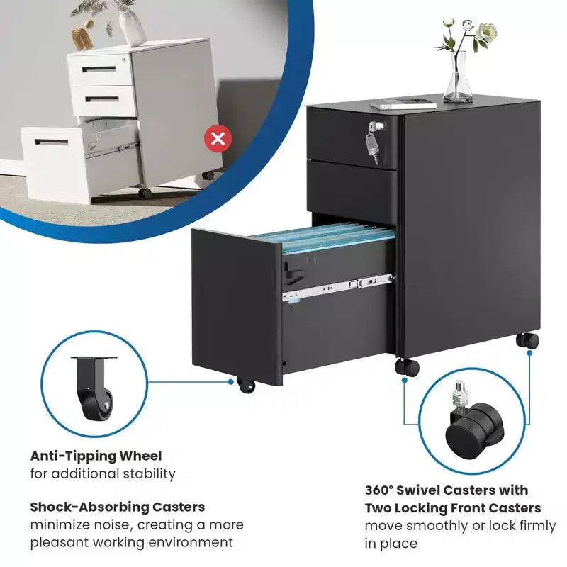 Mount-It! Cassettiera Portadocumenti Mobile con 3 Cassetti e Serratura | Design Sottile per Archiviazione e Organizzazione Sotto la Scrivania per Documenti, Cartelle e Forniture per Ufficio | Nero