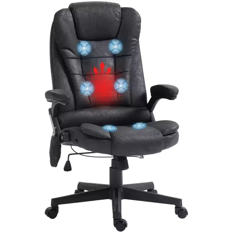 HOMCOM Sedia da Ufficio Massaggiante a 6 Punti con Funzione di Calore, Poltrona Direzionale Schienale Alto in Microfibra con Schienale Reclinabile, Braccioli