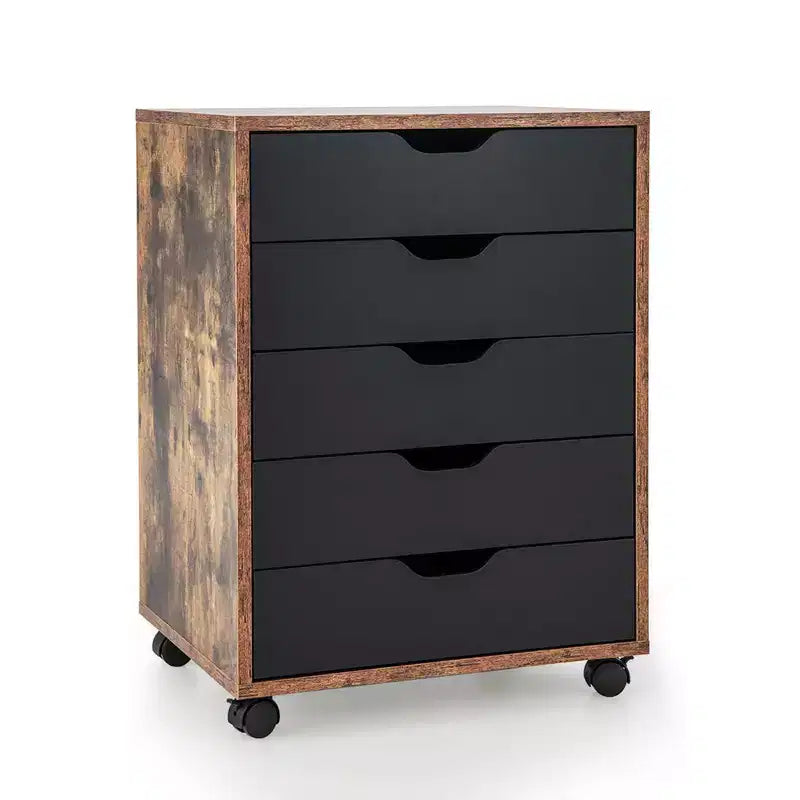 Costway 5 Drawer Chest Storage Dresser Floor Cabinet Organizer with Wheels Rustic Brown
