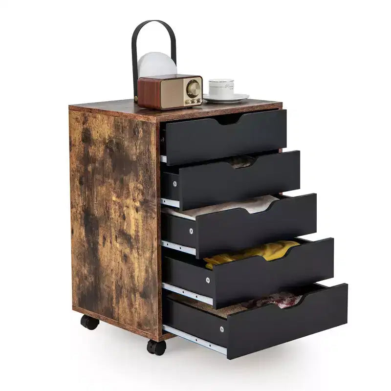 Cassettiera Costway a 5 cassetti, mobile contenitore con ruote, marrone rustico