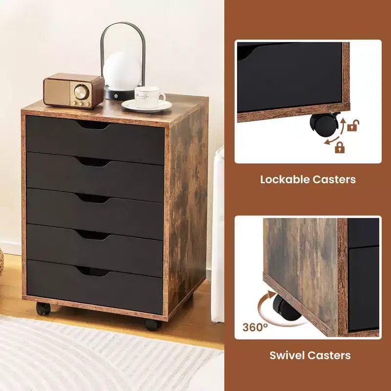 Cassettiera Costway a 5 cassetti, mobile contenitore con ruote, marrone rustico