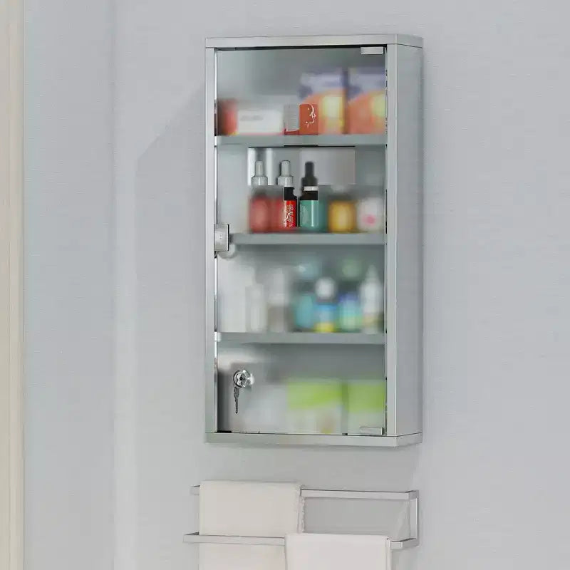 HOMCOM Mobiletto dei Medicinali 12 x 24 con Serratura, Ripiani, Armadietto di Sicurezza Bloccabile, Pensile da Parete per Pronto Soccorso e Bagno, Argento